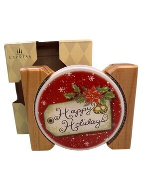 Cypress Home Absorbent Stone Coaster Set Of 4 W/ Wood Caddy “Happy Holidays”